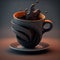 Ceramic black mug or cup with hot coffee splash on black background
