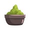 Ceramic bowl full of green clay for face or body care. Spa and beauty theme. Cartoon vector element for promo poster
