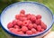 Ceramic bowl self-made with blue edge, filled with fresh picked raspberries