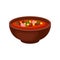 Ceramic bowl of spicy Mexican soup with beans, corn and sliced sausage. Culinary theme. Flat vector design for menu or