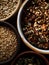 Ceramic bowls with roasted granola, nuts and seeds in natural light