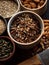 Ceramic bowls with roasted granola, nuts and seeds in natural light