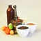 Ceramic and brass vessels with cereals, spices and fruits