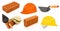 Ceramic brick, trowel, hard hats and gauntlet