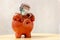Ceramic brown piggy bank with 50 US dollar bill on a light background