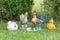 Ceramic chicken figures garden decoration.