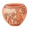 Ceramic clay pot with a vintage pattern. Caveman vintage drawing with people, family and flowers. Hand drawn watercolor