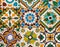 Ceramic colorful tiles on wall with traditional patterns. Arabic influence in spanish and portuguese artworks