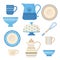 Ceramic cookware. Kitchen utensils trendy decorative tools plating bowl handmade dishes teapots cups and mugs vector