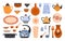 Ceramic crockery. Kitchen cooking tableware. Kettle and jug. Porcelain cup and vase. Home utensil. Plate and glass bowl