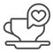 Ceramic cup on saucer and dialogue with heart line icon, love concept, coffee date vector sign on white background
