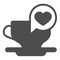 Ceramic cup on saucer and dialogue with heart solid icon, love concept, coffee date vector sign on white background