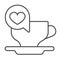Ceramic cup on saucer and dialogue with heart thin line icon, love concept, coffee date vector sign on white background