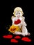 Ceramic cupid with felt heart and tea rose