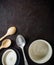 Ceramic or earthenware for soup or mashed potatoes. With a lid and empty without filling. Dark brown background. View from above