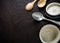 Ceramic or earthenware for soup or mashed potatoes. With a lid and empty without filling. Dark brown background. View from above