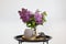 Ceramic figurine of rabbit bunny next to bouquet of lilac flowers in vase and candlestick on an vintage coffee table, on an isolat