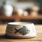 Ceramic fish bowl on a wooden table in the kitchen.