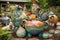 ceramic garden with whimsical and colorful pottery pieces