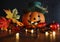 Ceramic Halloween Pumpkin with Artificial Autumn Leaves and Blinking Lights