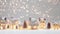 Ceramic houses cozy miniature village decoration Christmas, New Year modern copy space background