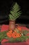 ceramic jug, tablecloth and rowan berries, fern leaves,