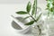 Ceramic mortar and laboratory glassware with plants on white background, closeup.