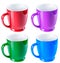 Ceramic mug, blue, green, red and purple color, isolate on a white background, closeup photography.