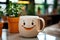 Ceramic mug with a happy smiley face on the background of your home or office. A moment of happiness and relaxation