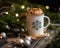 Ceramic mug with snowflake ornament of hot drink, marshmallows, cocoa powder
