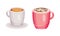 Ceramic mugs of coffee drinks set. Aroma hot beverages assortment vector illustration