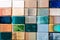 Ceramic multicolor tiles top view. Grunge geometric texture for decoration design. Contemporary abstract art and creative cover