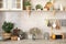 Ceramic plates, dishes, utensils and cozy decor on wooden shelfs. Kitchen wooden shelves with various ceramic jars and cookware.