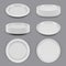 Ceramic plates. Realistic dishes for food kitchen utensils bowls and plates different corners view vector mockup