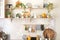 Ceramic plates, utensils and cozy decor on wooden shelfs. Kitchen wooden shelves with various ceramic jars and cookware.