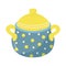 Ceramic saucepan in polka dot pattern. Kitchen utensils and dinnerware