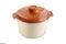 Ceramic saucepan with red cover isolated