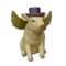 Ceramic sculpture of a pig in a purple hat with golden wings.