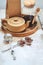 Ceramic tea pot, metal tea infuser and cup of black tea. Composition with tea accessories on a white background