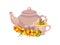Ceramic teapot with a cup. Branch buckthorn close. Vector illustration on white background.