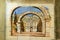 Ceramic tile with arches of old ruins in Barcelona, Spain