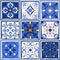 Ceramic tiles vintage patterns. Vector spanish style architecture blue tale set