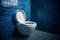 Ceramic toilet blue wall. Generate Ai