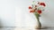 A ceramic vase holds a bouquet of red poppies against a white wall in a wabi-sabi-themed room