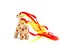 Ceramic whistle horse with a mane of yellow and red ribbons and painted with flowers isolated on a white background