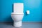 Ceramic white toilet blue wall. Generate Ai