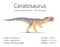 Ceratosaurus. Theropoda dinosaur. Colorful vector illustration of prehistoric creature ceratosaurus and description of