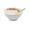 A cereal bowl with spoon, apples and cereals, white background, close-up