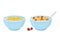 Cereal breakfast. Milk and sweet crunchy flakes with strawberry. Ceramic bowl with spoon. Healthy food for kids. Vector
