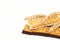 Cereal energy granola bars and spikelets of wheat isolated on white. Balanced protein breakfast